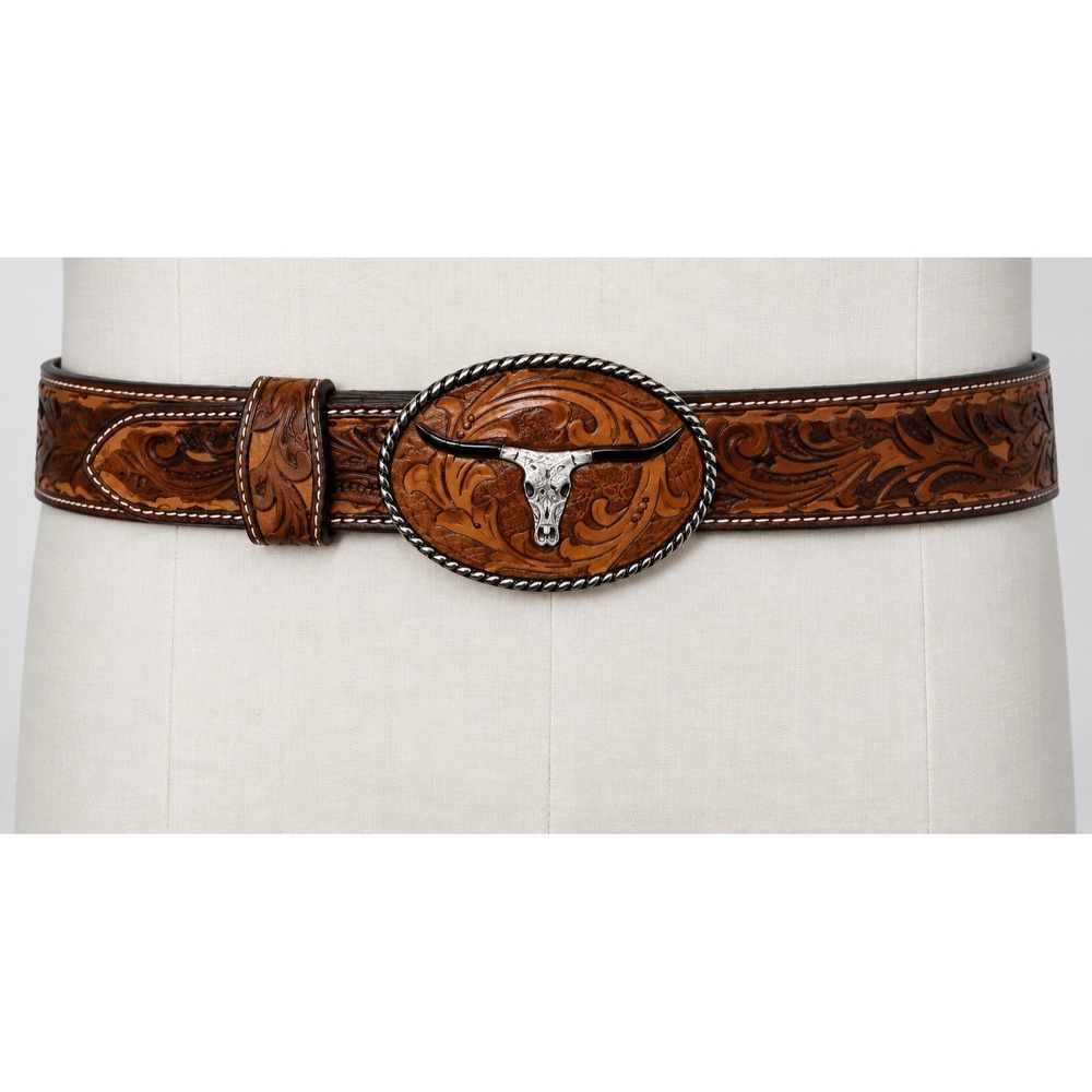 Nocona Western Leather Belt Tricolor Rectangle Floral Conchos N2414708 W/Buckle